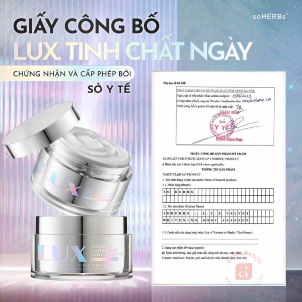 giấy chứng nhận kem dưỡng thể ban ngày lux velvet whitening body essence phiên bản mới 2023