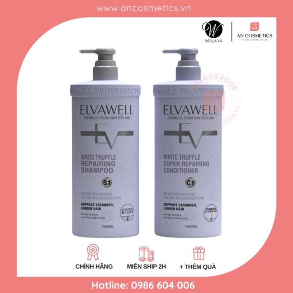 Cặp gội xả phục hồi hư tổn siêu suôn mượt Elvawell White Truffle Repairing Sampoo & Conditioner