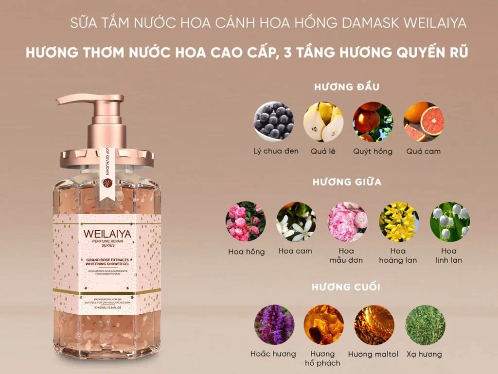 Sữa tắm trắng da cánh hoa hồng Damask Weilaiya Grand Rose Extracts Whitening Shower Gel 450ml 1