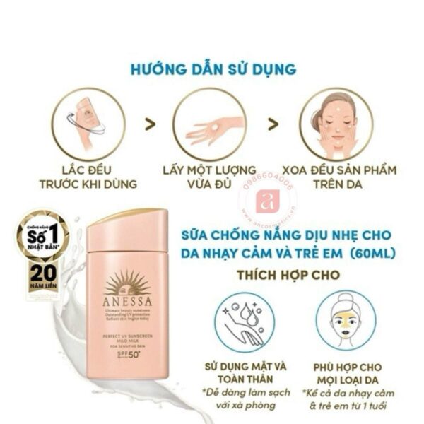 hướng dẫn sử dụng Sữa chống nắng cho da nhạy cảm Anessa Perfect UV Sunscreen Mild Milk SPF50+ 60ml