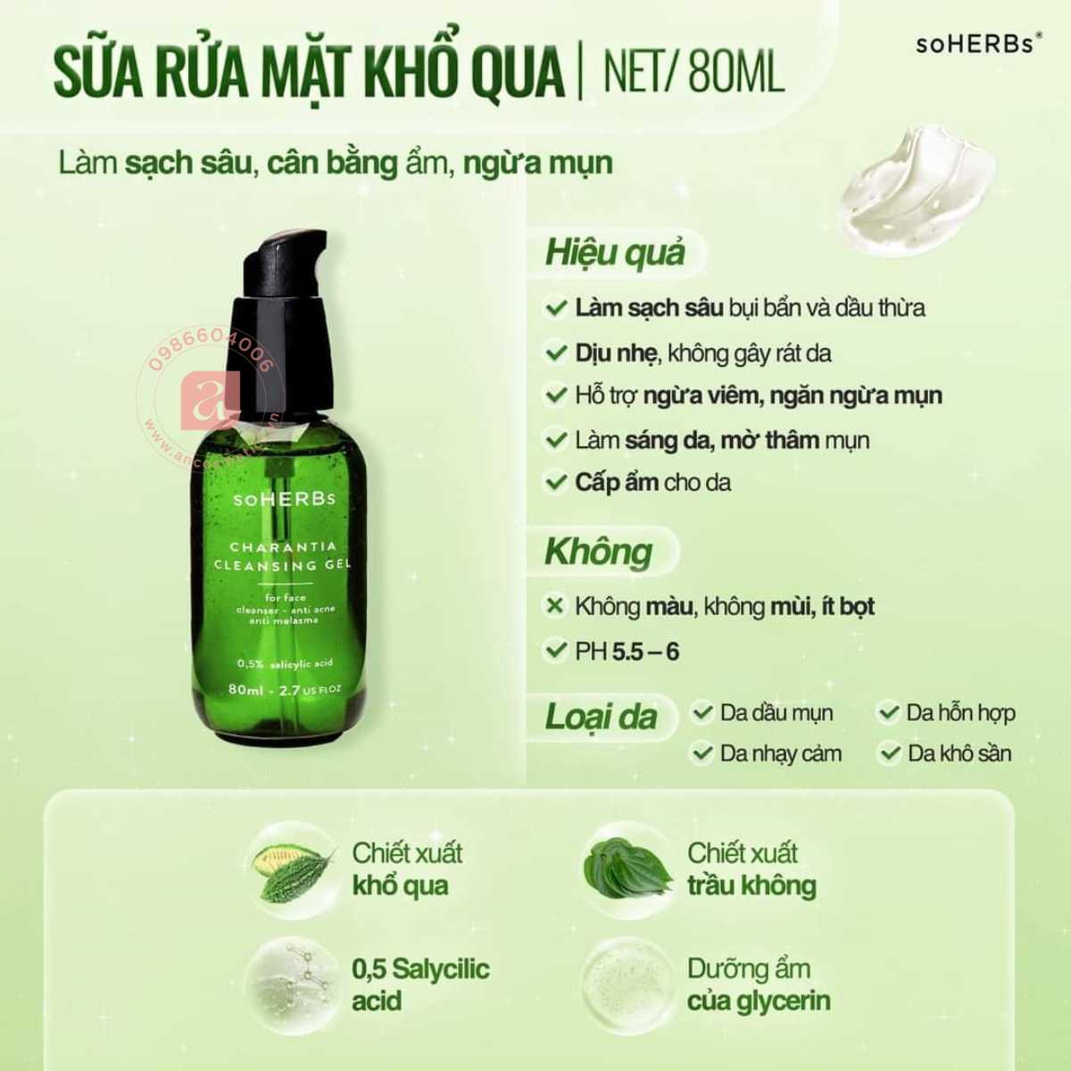 Sữa rửa mặt khổ qua ngừa mụn Charantia Cleansing Gel soHERBs 4